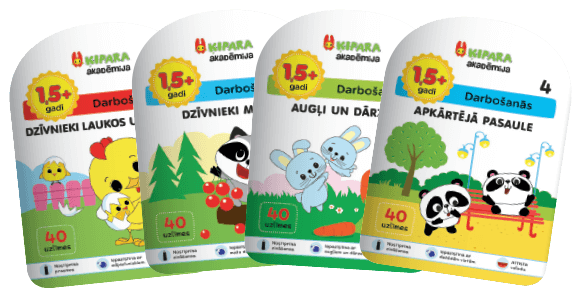 Krāsainu latviešu izglītojošu kartiņu komplekts bērniem ar dzīvniekiem, augiem un dabas tematikas ilustrācijām.