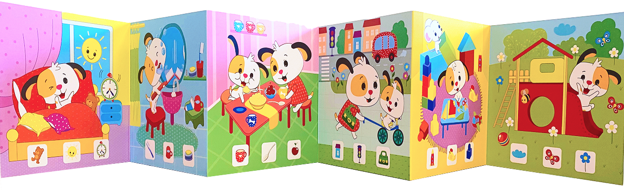 Colorful illustrated children’s book with a dog character doing daily activities like sleeping, eating, playing, drawing, and riding a train.