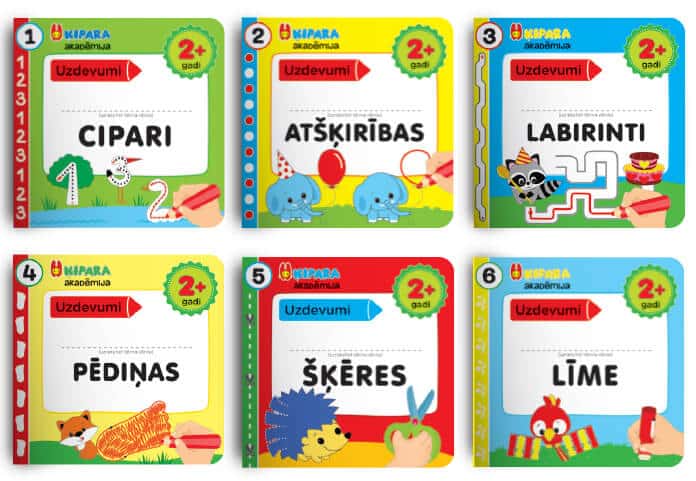 Sešu krāsainu latviešu bērnu izglītojošu grāmatu vāku komplekts ar multfilmu dzīvniekiem un rotaļīgām ilustrācijām, kas paredzētas vecumam no 1,5 gadiem.