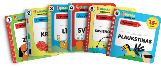 Sešu krāsainu ilustrētu bērnu grāmatu komplekts latviešu valodā ar rotaļīgiem dzīvnieku un priekšmetu zīmējumiem uz vākiem.