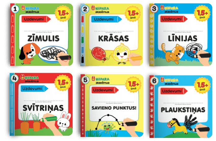 Sešu krāsainu latviešu bērnu izglītojošu grāmatu vāku komplekts ar multfilmu dzīvniekiem un rotaļīgām ilustrācijām, kas paredzētas vecumam no 1,5 gadiem.