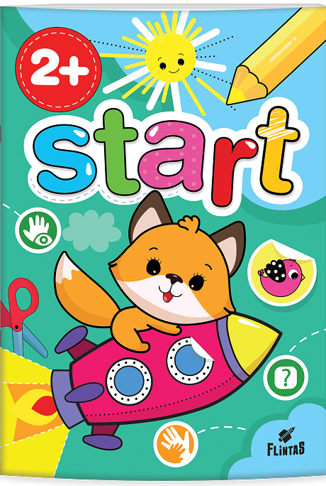 Illustration of a cartoon fox flying a pink rocket with a colorful background and the word start above it