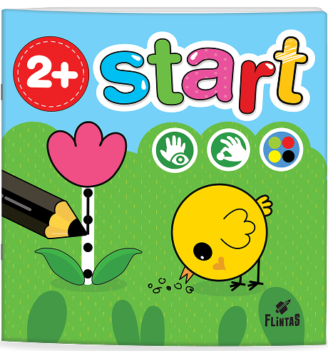 Children’s activity book cover with 2+ start text, a large pink flower, a yellow chick pecking at seeds, a pencil coloring the flower, and colorful handprint and paint icons on a grassy green background.