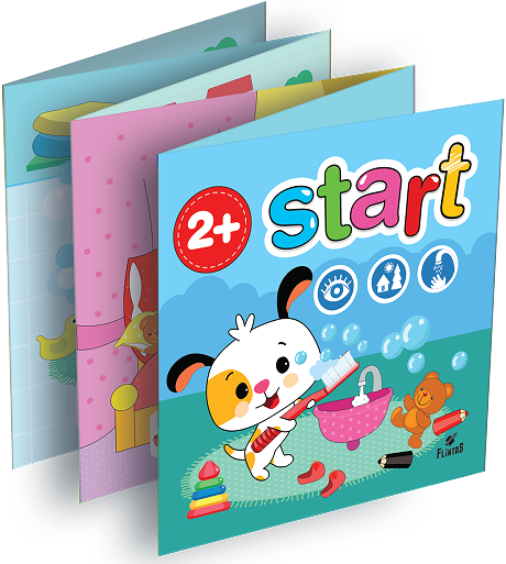 A colorful childrens book cover for ages 2 and up, featuring a playful puppy painting, a teddy bear, bubbles, and toys on grass with icons and the word Start in large letters. Two pages are partially open behind the cover.