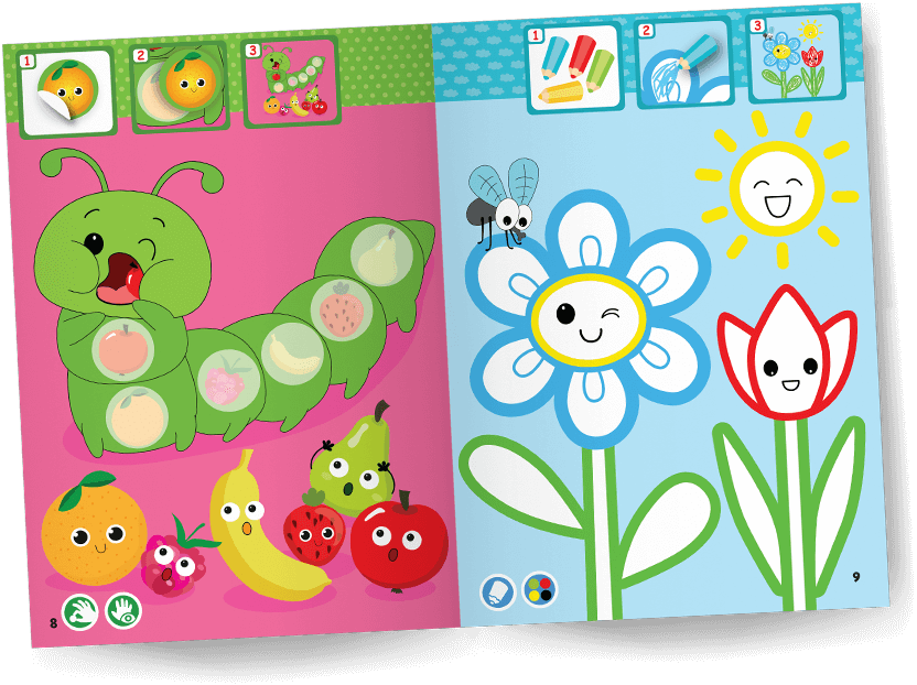 Colorful children’s activity book spread with a smiling caterpillar on fruit and winking flower and tulip under the sun and fly