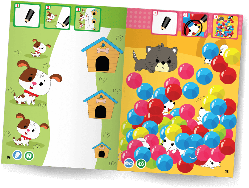 Colorful open children’s activity book with cartoon dogs, doghouses, and a playful cat among red, blue, and yellow balls.