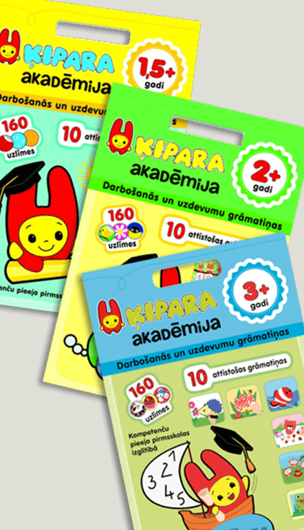Krāsaini bērnu izglītojoši materiāli, tostarp numurētas aktivitāšu kartītes, zīmuļi, dzīvnieku tematikas klucīši un Mini Akademie mācību komplekts.