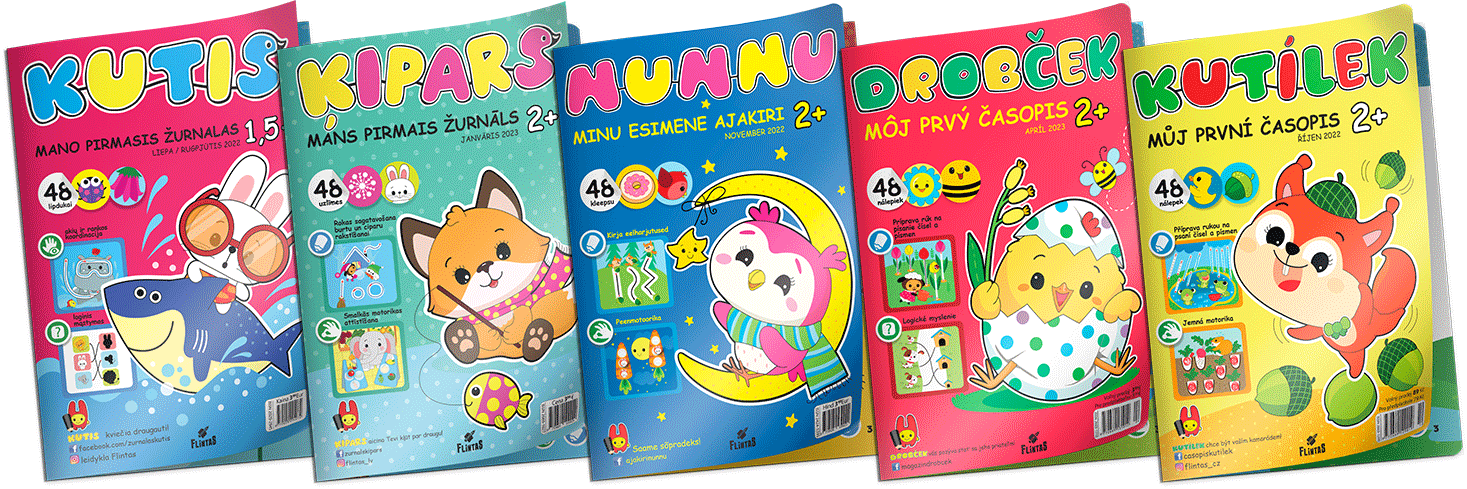 Set of five colorful children’s magazine covers featuring cartoon animals and playful educational themes.