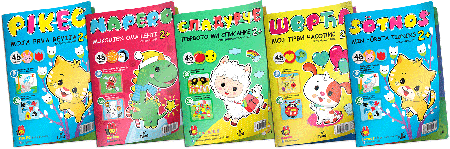 Set of five colorful children’s magazine covers featuring cartoon animals and playful educational themes.